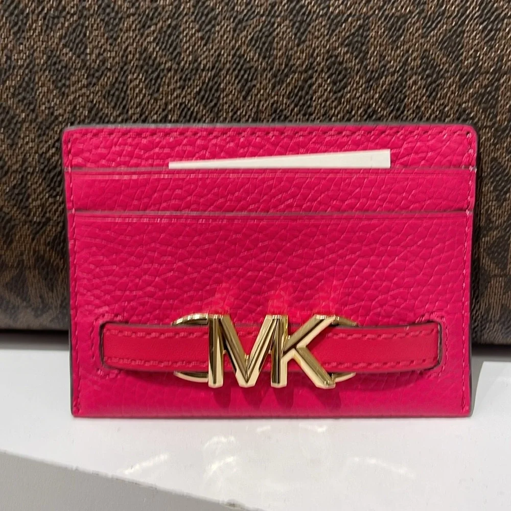 MICHAEL KORS Reed Large Pebbled Leather Card Holder Case Electric Pink  NWT